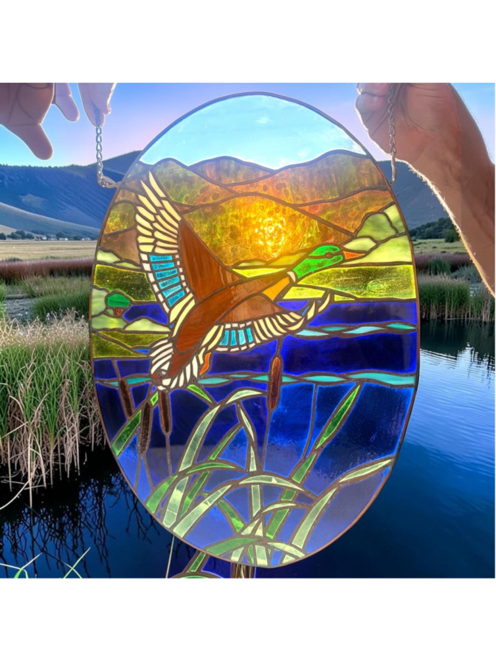 Mallard Duck Stained Glass Panel, Flying Duck Window Hanging, Wildlife Lake Art,